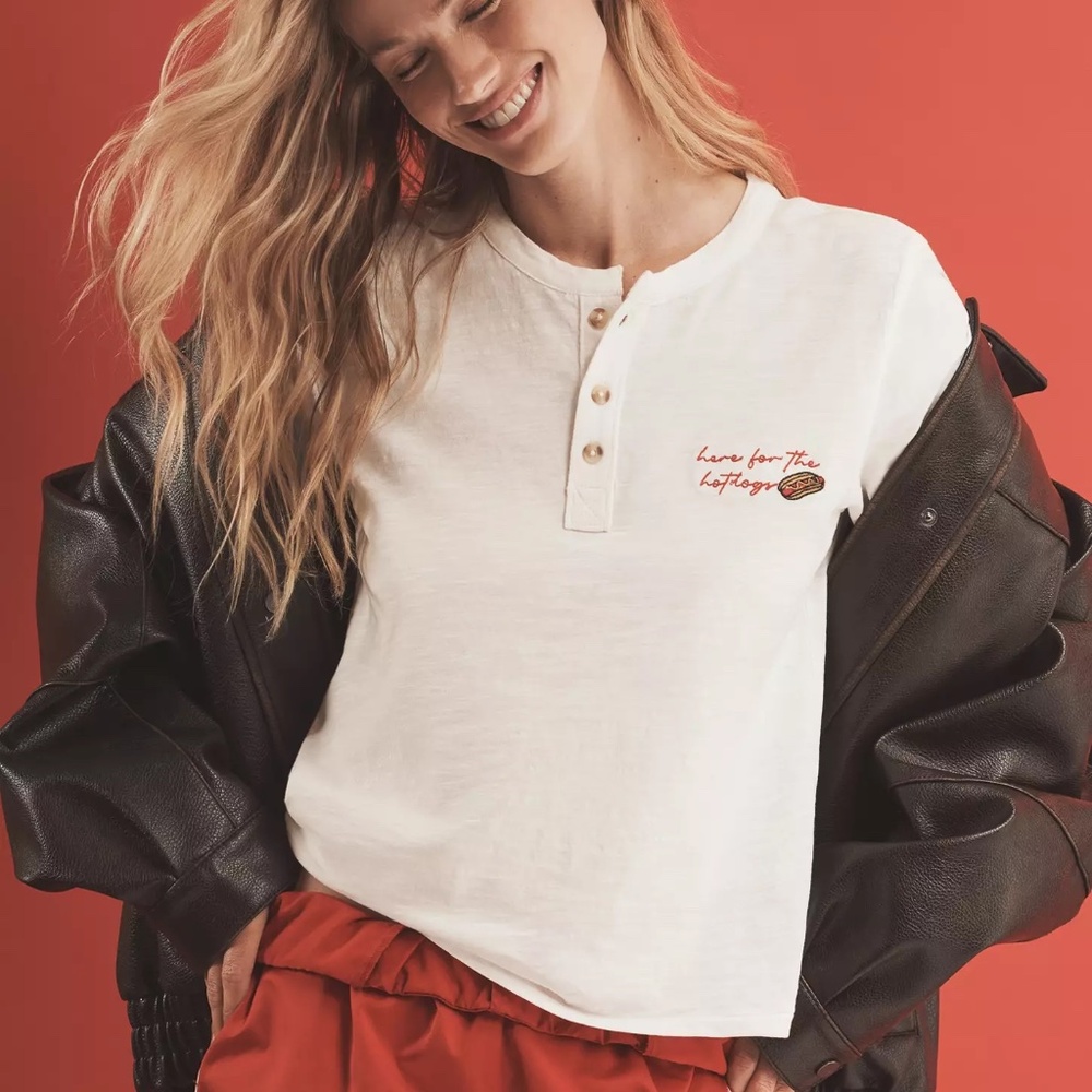 Anthropolgoie Embroidered Icon Henley Tee HERE FOR THE HOTDOGS By Pilcro NWT